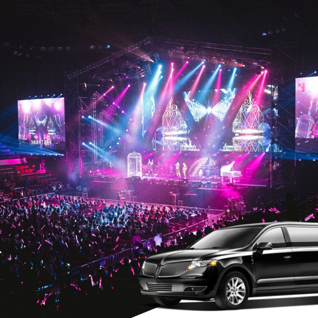 Black limousine car parked next to an event or concert Black limousine car parked next to an event or concert
